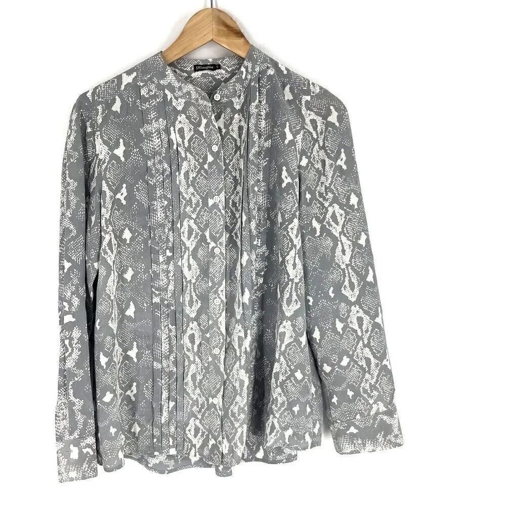 J McLaughlin Top Size Small Womens Gray Snake Print Silk Blouse Shirt Button Up